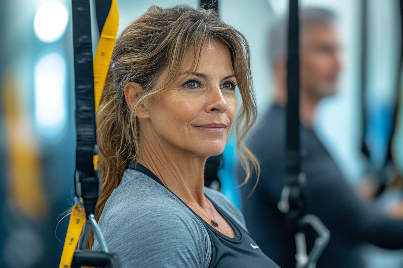 Възрастни хора правят фитнес с интелигентни уреди